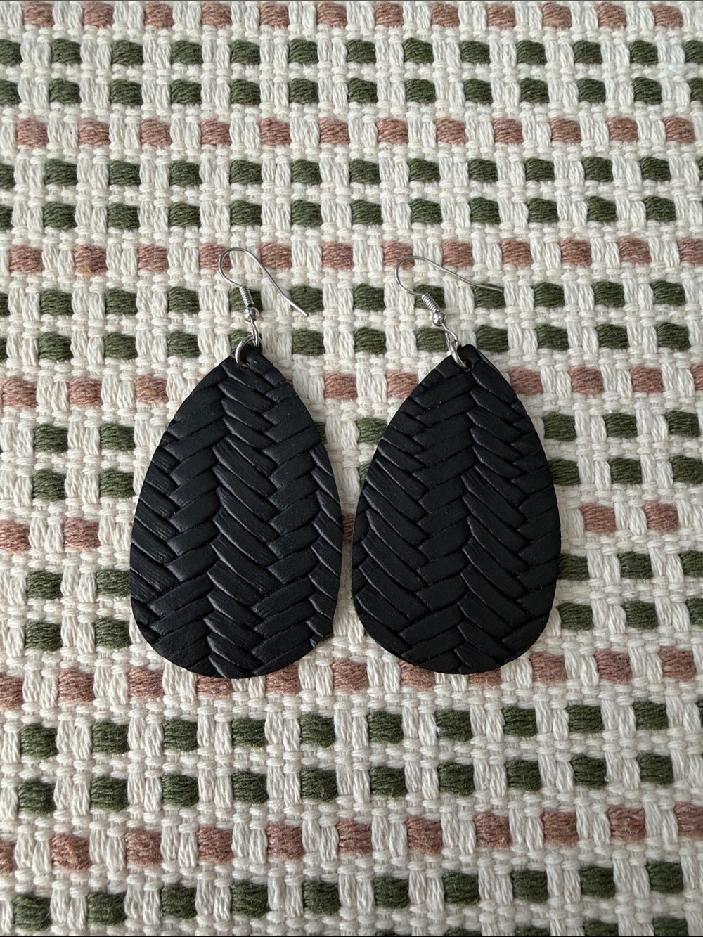 Black Braided Teardrop Faux Leather Earrings